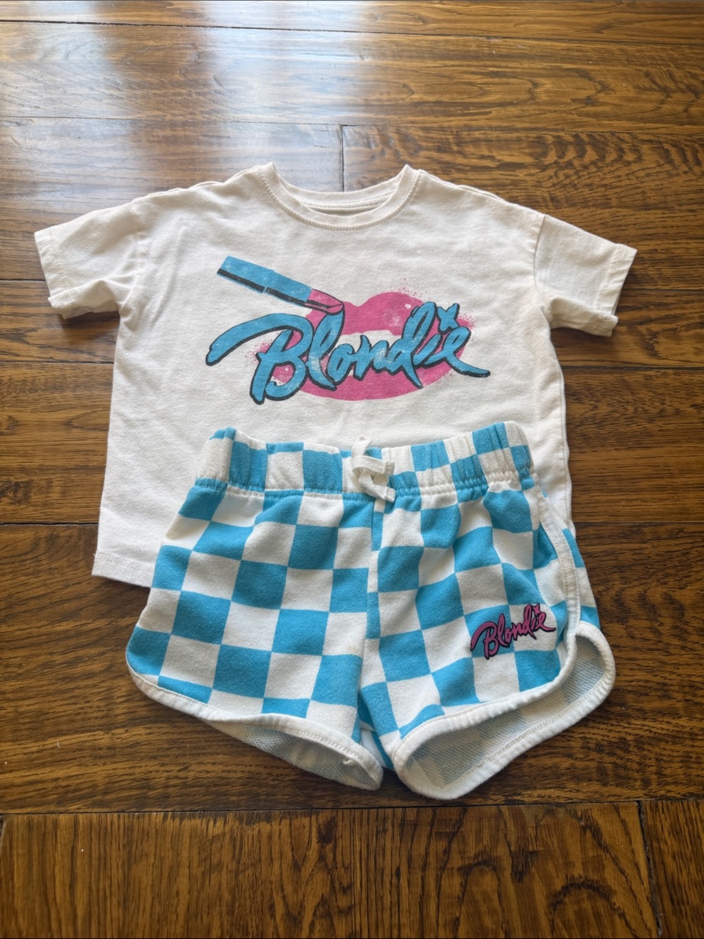 Toddler Blondie Graphic Tee & Checker Shorts Set - White, Aqua & Pink